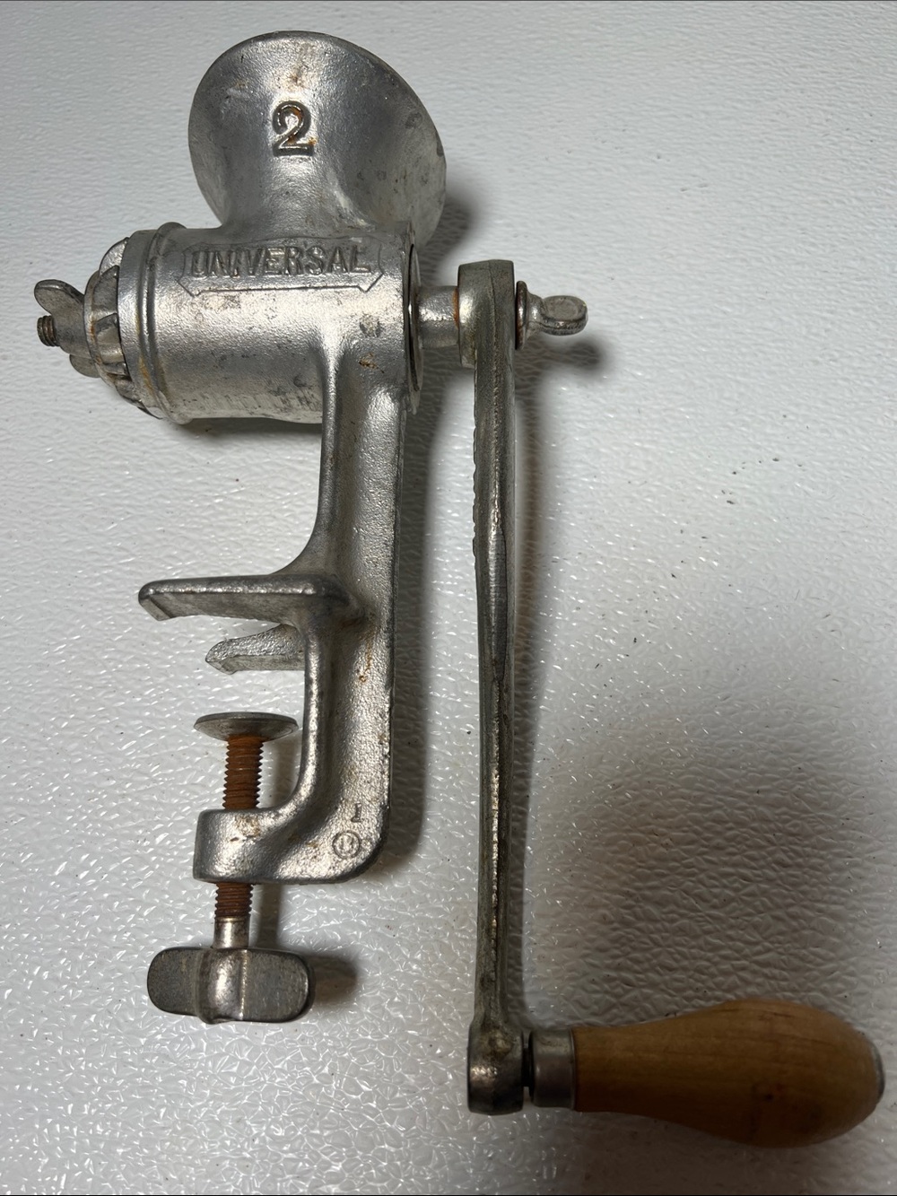 Vintage Universal Cast Metal Meat Grinder in Silver with Wooden Handle